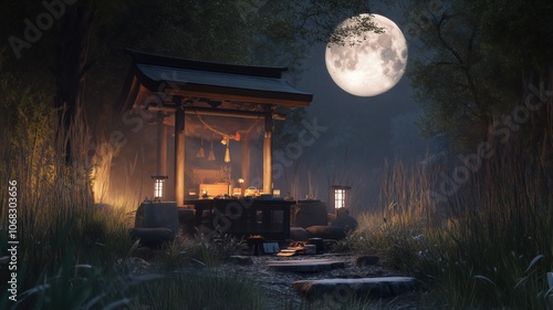 Japanese Shrine at Night Illuminated by Lanterns and Moonlight - made with Generative AI photo