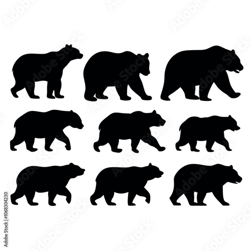 a set of black vector silhouettes of bears in various poses, such as walking, standing, and sitting