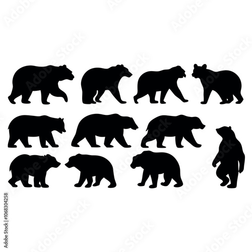 a set of black vector silhouettes of bears in various poses, such as walking, standing, and sitting