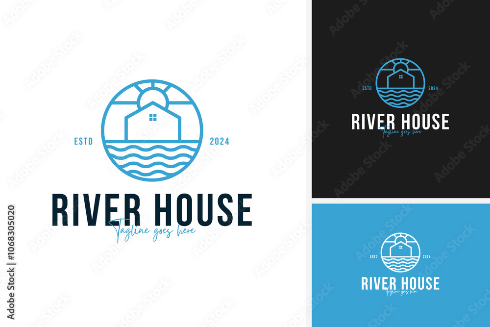 Fototapeta premium Creative house river logo design vector for peaceful retreat branding illustration idea