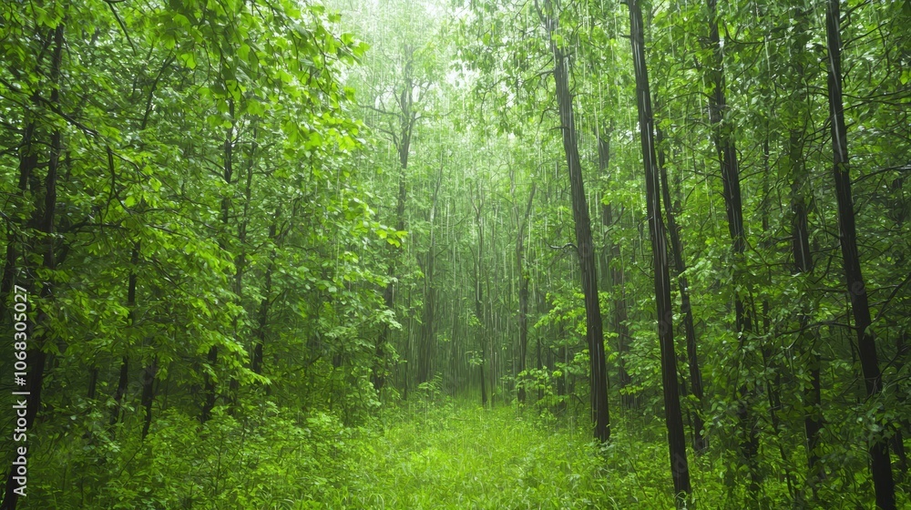 Obraz premium Majestic Forest in the Rain: Tranquil Nature Sounds and Resilient Beauty | Ultra-Detailed Image of Serene Rainy Forest Scene.