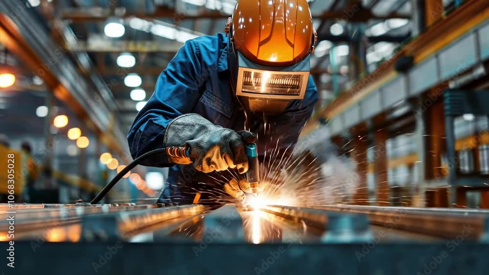 Skilled welder in protective gear creates sparks while working on metal in industrial workshop, showcasing craftsmanship and dynamic atmosphere of machinery and labor. Skilled welder in protective gear creates sparks while working on metal in industrial workshop, showcasing craftsmanship and dynamic atmosphere of machinery and labor.