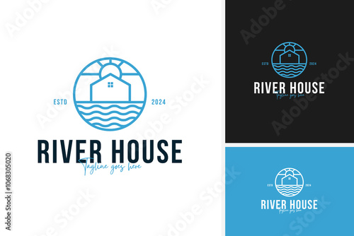 Creative house river logo design vector for peaceful retreat branding illustration idea