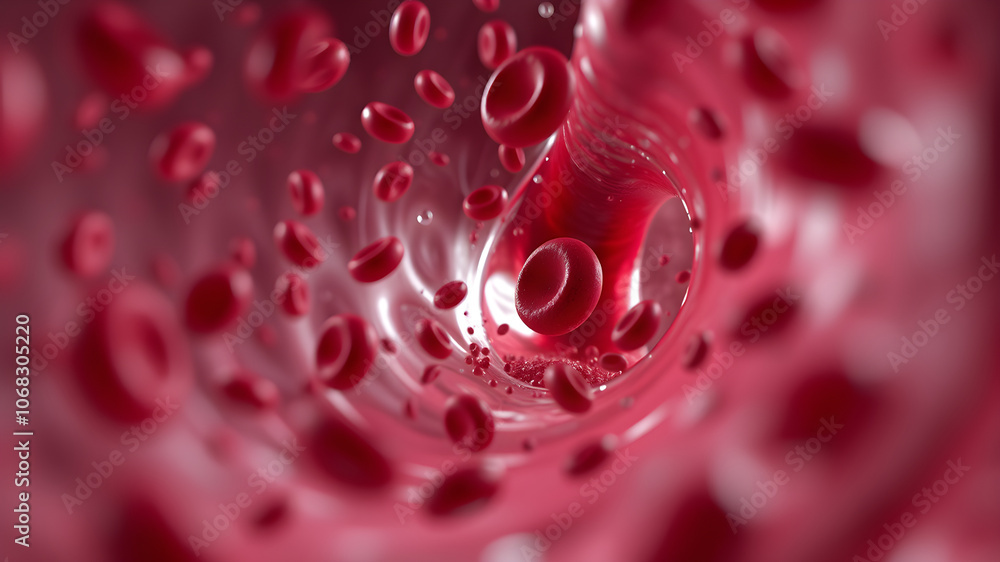 Red blood cells flowing through a blood vessel, symbolizing the circulatory system Red blood cells flowing through a blood vessel, symbolizing the circulatory system