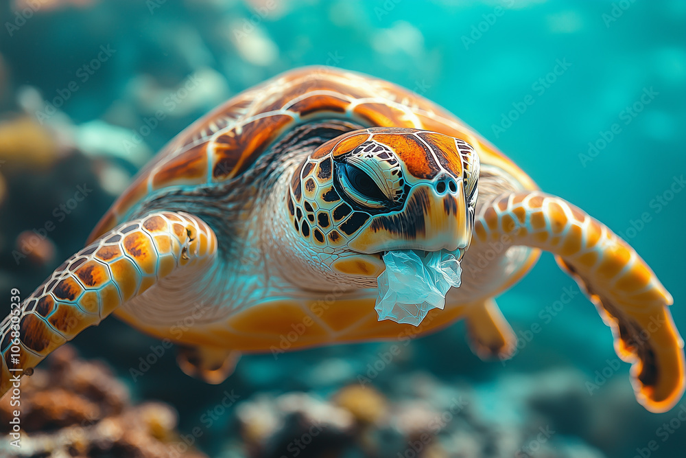 Fototapeta premium Sea Turtle with Plastic Bag