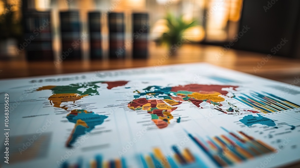Global business strategy meeting with a world map and international data Global business strategy meeting with a world map and international data