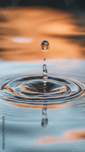 Close-up of a water droplet falling into a smooth surface of water, creating concentric ripples. Shot in high definition, with a calm blue background, emphasizing the purity and fluidity.