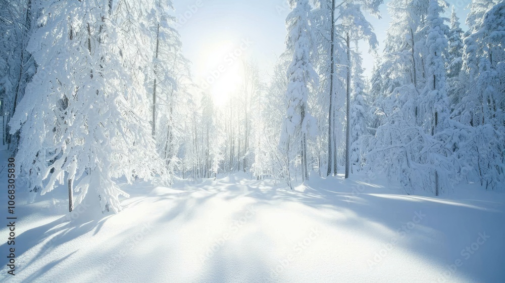 Fototapeta premium Winter Wonderland: Serene Forest with Snow-Covered Glistening Branches - A Symbol of Resilience