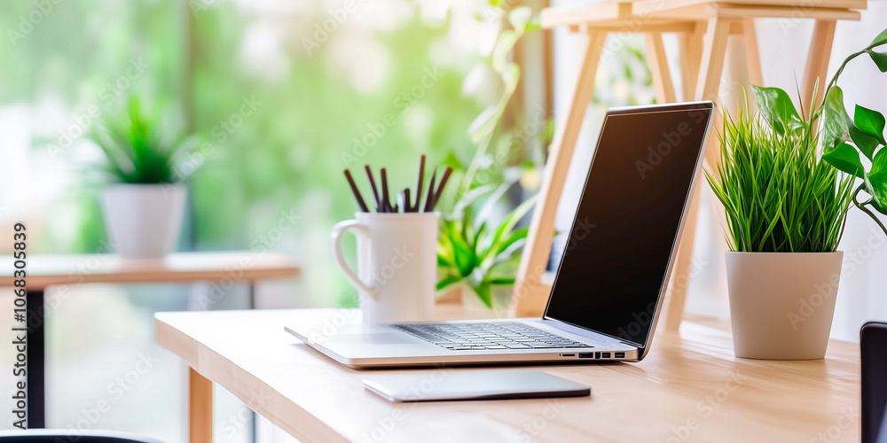 Fototapeta premium Cozy eco-style workspace with a light. airy atmosphere. Featuring houseplants, wooden surfaces, plenty of natural light. home office, coworking space, freelance work, traveling. Generative Ai content
