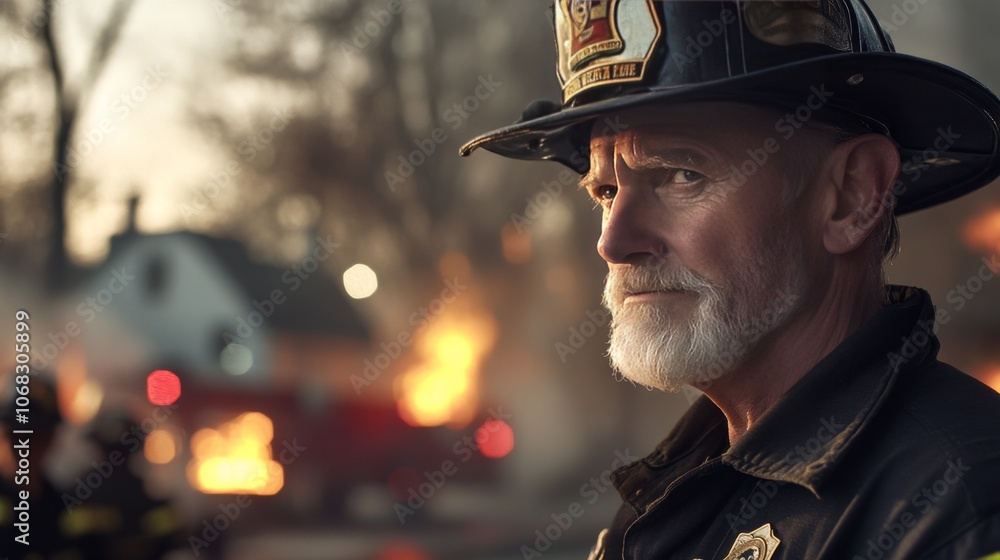 The fire chief, standing in front of a city fire scene, appears calm and composed. Blurred flames and firefighters dominate the background. The open layout allows for text to be added. The fire chief, standing in front of a city fire scene, appears calm and composed. Blurred flames and firefighters dominate the background. The open layout allows for text to be added.