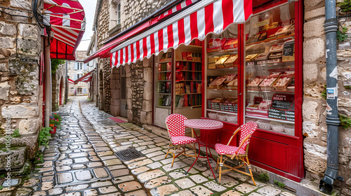 Fototapeta Naklejka Na Ścianę i Meble -  Narrow cobblestone street with a small cafe and red striped awning.