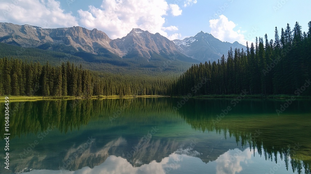 A serene mountain lake with crystal clear water reflecting the surrounding forested hills and a bright blue sky with white clouds. A serene mountain lake with crystal clear water reflecting the surrounding forested hills and a bright blue sky with white clouds.
