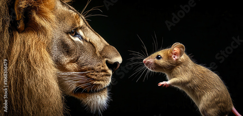 A lion and a mouse are standing next to each other