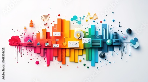 Digital marketing tools with vibrant graphics, innovative and dynamic 