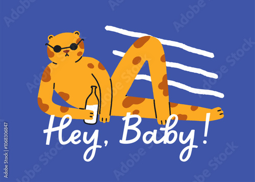 Cheetah character lounging by sea, relaxing with beer bottle. Funny greeting card design with leopard animal in sunglasses drinking, chilling. Playful humorous modern flat vector illustration