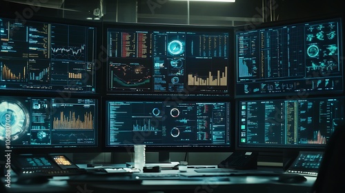 Multiple Computer Monitors Displaying Data and Graphs in a Dark Room