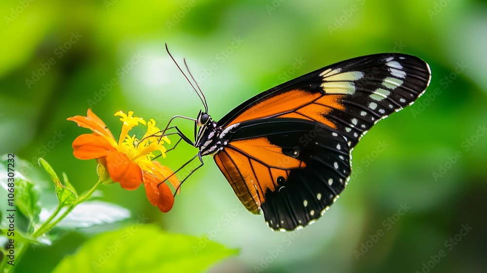Eco System Harmony: Vibrant Butterfly on Flower in Forest - Conservation Concept Eco System Harmony: Vibrant Butterfly on Flower in Forest - Conservation Concept