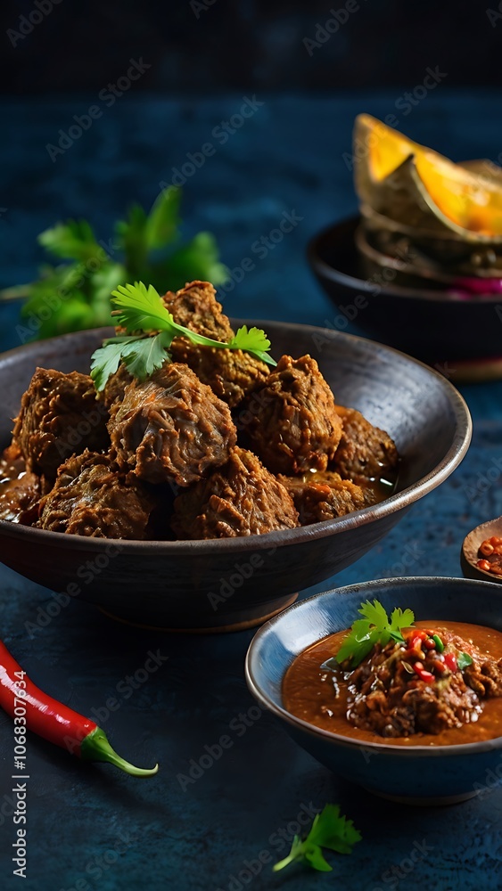 Delicious Randang dish, Food Made from Beef Stew and Coconut Milk with Various Herbs and Spices Delicious Randang dish, Food Made from Beef Stew and Coconut Milk with Various Herbs and Spices