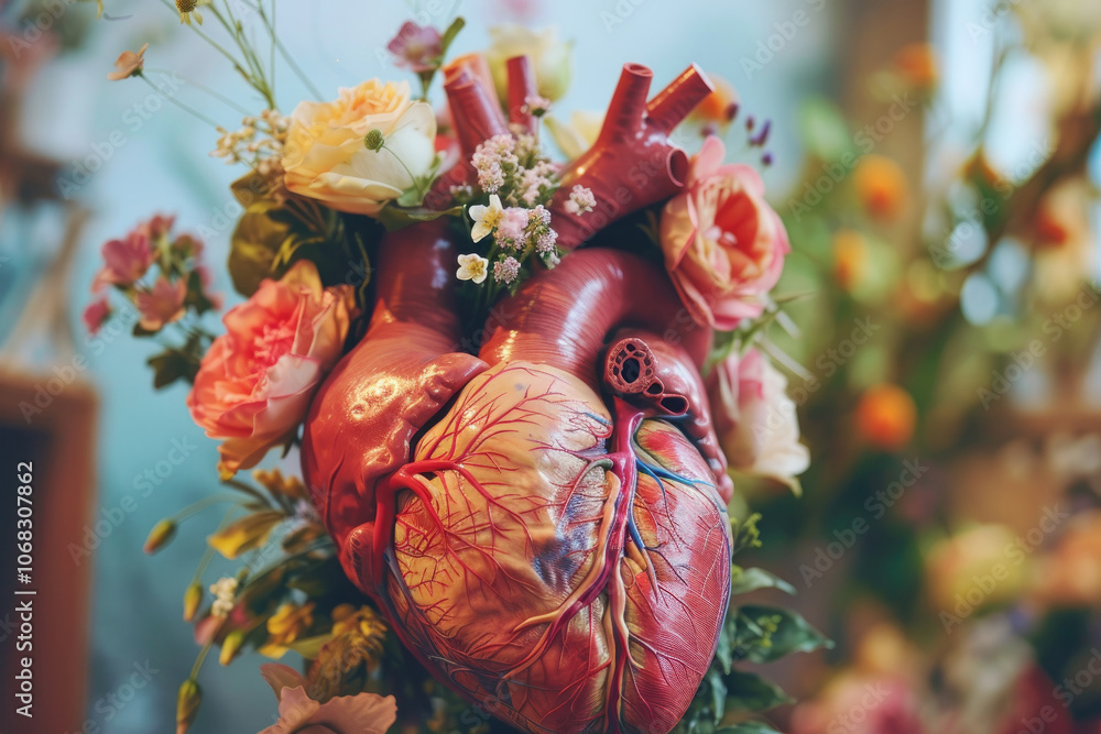 Naklejka premium Floral romantic anatomical human heart