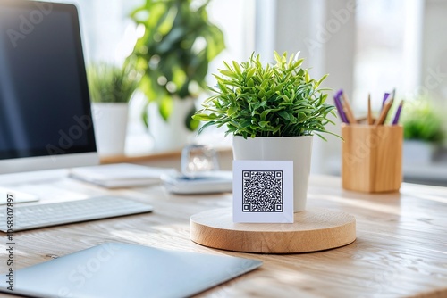 QR Code on Wooden Coaster with Plant.