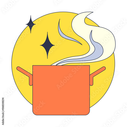 An orange pot with steam against a yellow circle, symbolizing warmth and cooking.