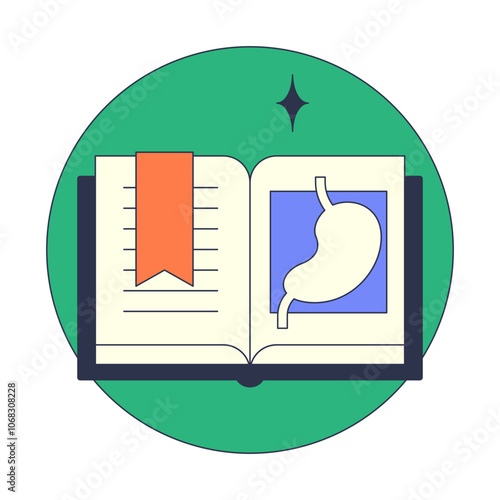 An open recipe book with a stomach icon symbolizes digestive health and nutrition.