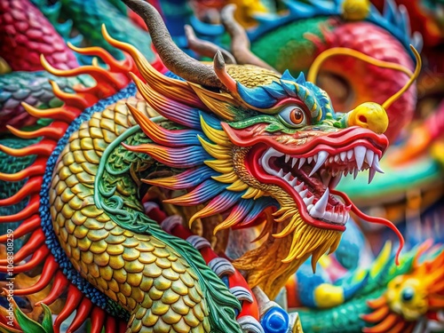 Stunning Macro Photography of a Chinese Dragon Vector Featuring Intricate Scales, Vibrant Colors, and Detailed Textures, Perfect for Illustrations, Art Designs, and Cultural Concepts