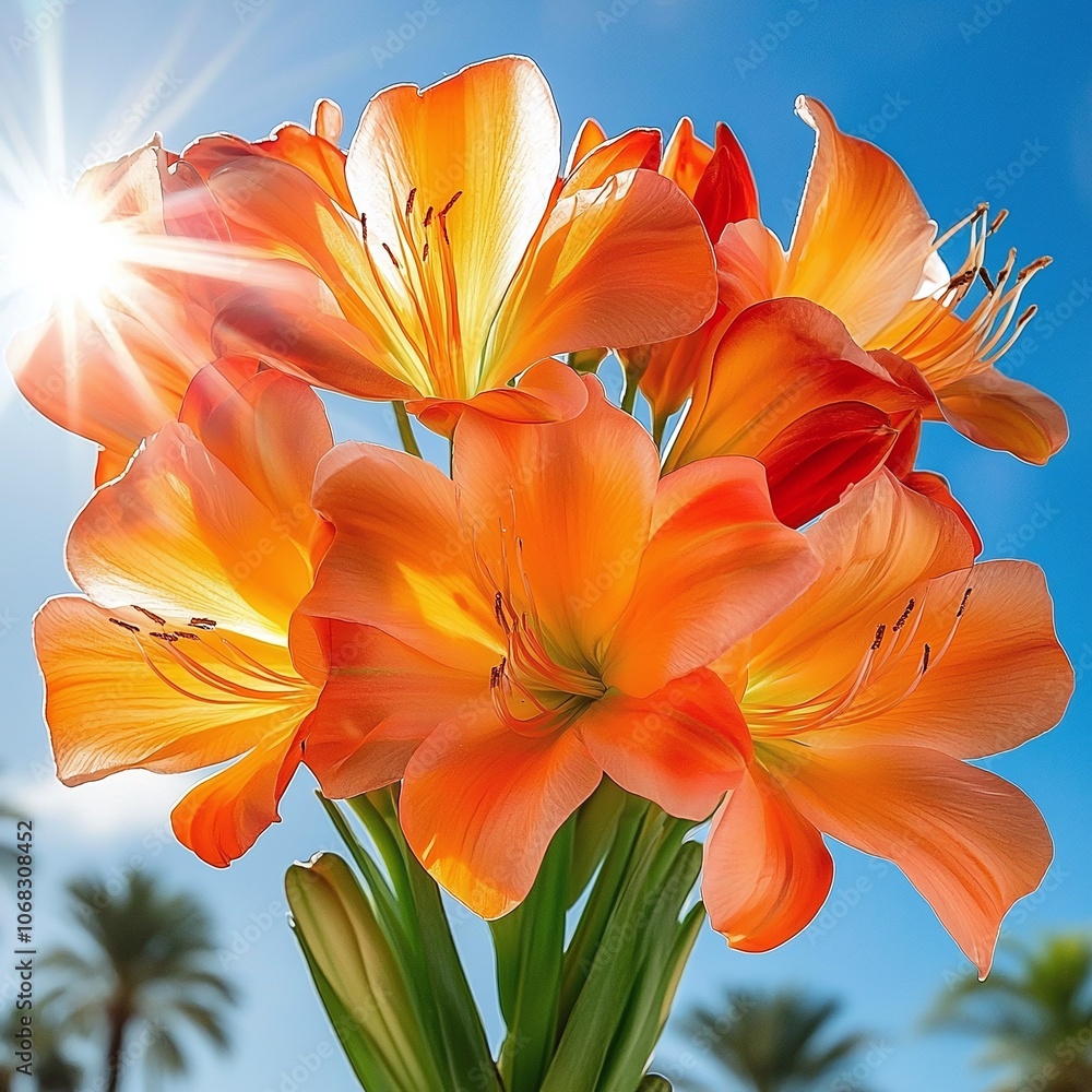 Fototapeta premium Orange Flowers Against Blue Sky.