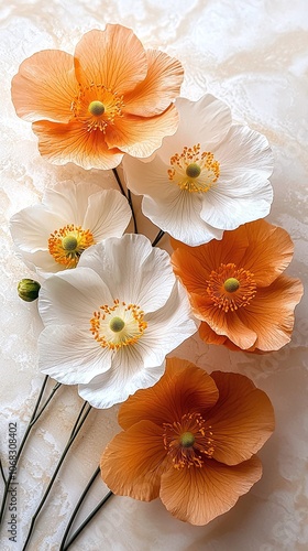 Orange and White Poppy Flowers on a Beige Background.