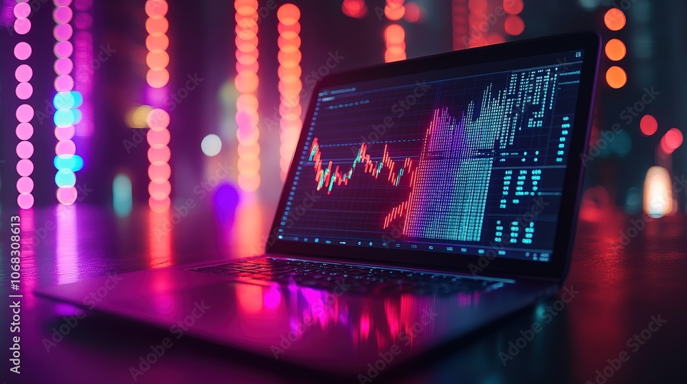 Close-up of a laptop displaying a stock market graph with vibrant colors Close-up of a laptop displaying a stock market graph with vibrant colors