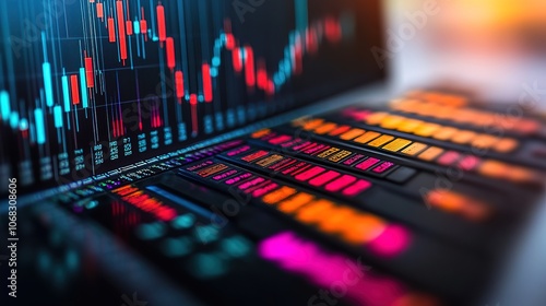 Close-up of a laptop displaying a stock market graph with vibrant colors