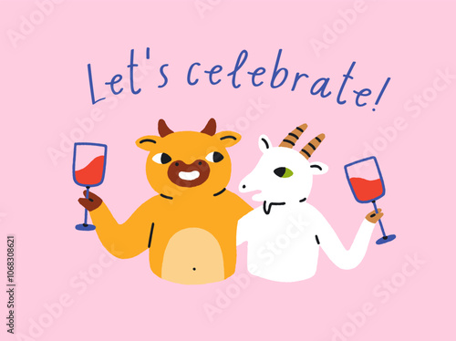 Animal friends celebrating holiday with wine glasses, funny card design. Farm...