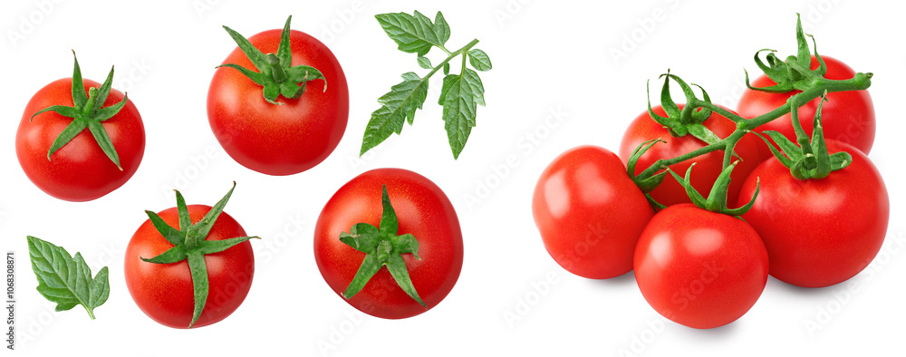 tomatoes with green leaves isolated on white background. clipping path tomatoes with green leaves isolated on white background. clipping path