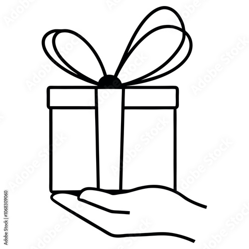vector art illustration of a hand holding a neatly wrapped gift box with a red bow on top