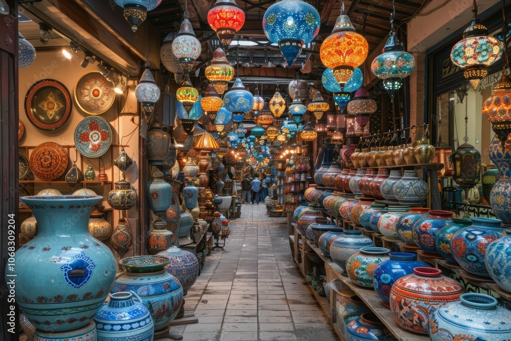 Fototapeta premium Vibrant alley filled with colorful lanterns and pottery in a bustling marketplace during the evening in a historic town