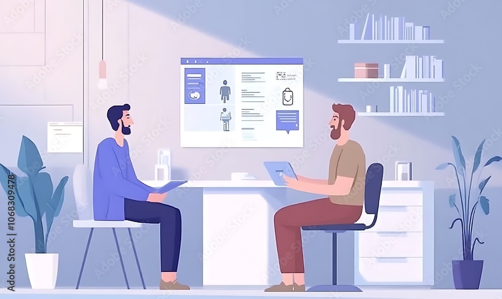 Two men in a modern office discussing information on a digital device and screen. Two men in a modern office discussing information on a digital device and screen.