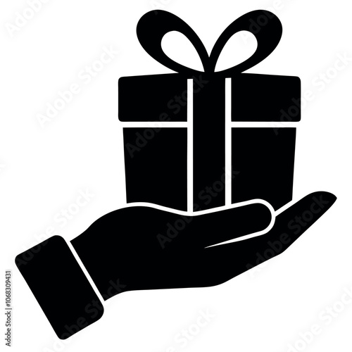 vector art illustration of a hand holding a neatly wrapped gift box with a red bow on top