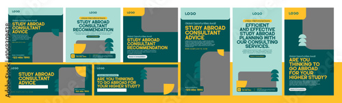 Modern social media pack for study abroad and study visa banner ads template bundle, higher education template promotion posts,banners,stories.