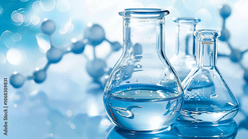 Three glass beakers filled with clear liquid in front of a blurred blue background with a chemical structure. Three glass beakers filled with clear liquid in front of a blurred blue background with a chemical structure.