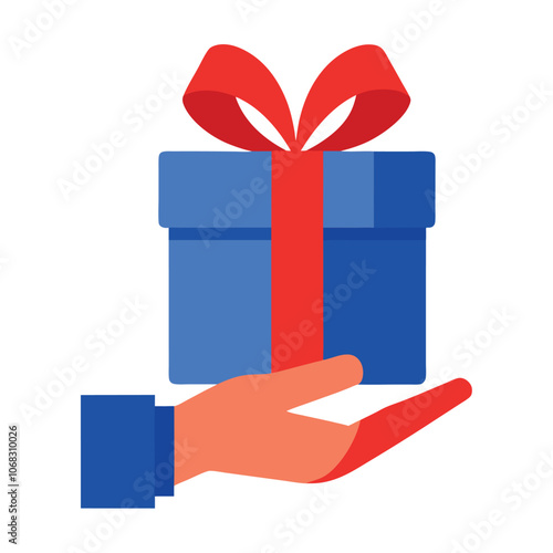 vector art illustration of a hand holding a neatly wrapped gift box with a red bow on top