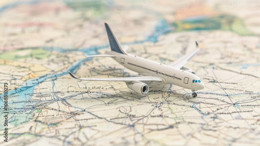 A model airplane placed on a detailed map, symbolizing travel and exploration. A model airplane placed on a detailed map, symbolizing travel and exploration.