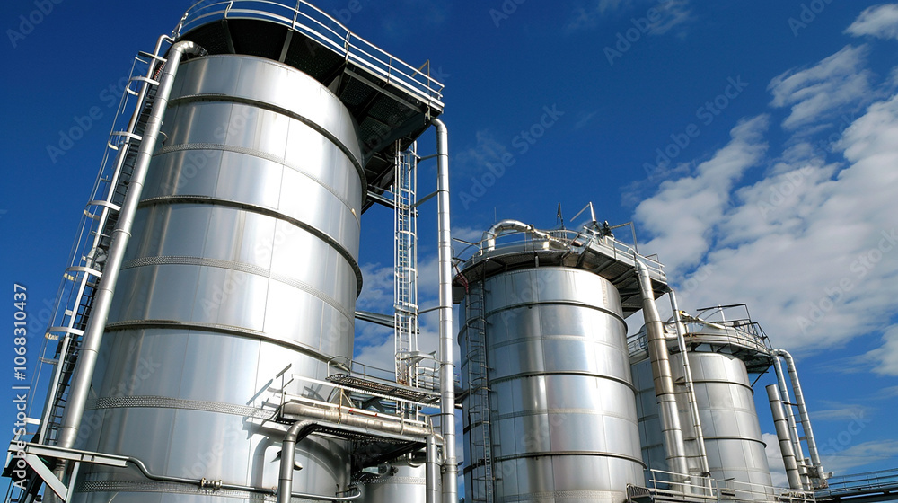 Three large industrial storage tanks against a blue sky. Three large industrial storage tanks against a blue sky.