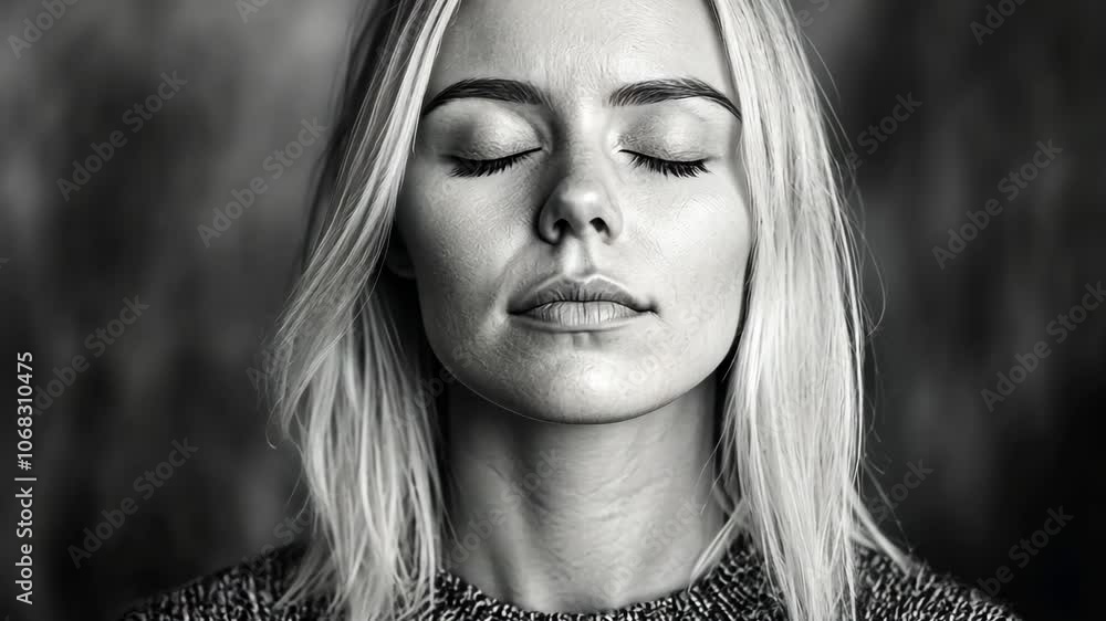 A woman with blonde hair and closed eyes is pictured in black and white, her expression serene A woman with blonde hair and closed eyes is pictured in black and white, her expression serene