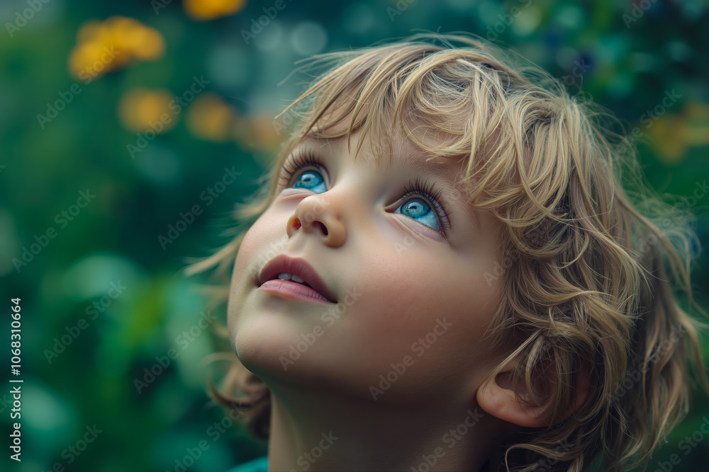 A little girl with blue eyes looking up at the sky