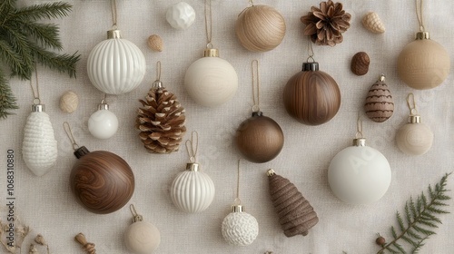 Soft white and wooden Christmas ornaments arranged in a flat lay on a linen fabric for a simple Scandinavian touch.