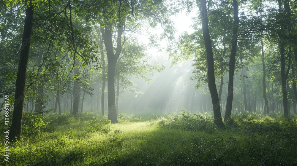 Obraz premium Mystical Forest Clearing: Enchanting Woodland Life in Serene Foggy Atmosphere - Ultra-Detailed Nature Photography