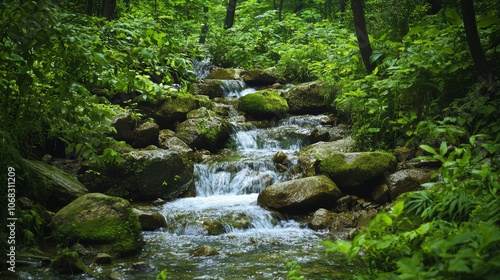 Serene Forest Scene with Babbling Brook for Peaceful Reflection and Tranquility in Nature