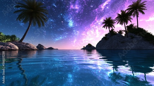 Tropical Island Paradise with Stunning Night Sky and Starry Reflections