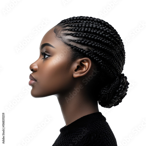 Side view portrait of young black woman with intricate braids on transparent background, isolated profile shot showcasing beauty, elegance, and detailed hairstyle