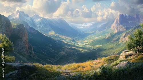 A scenic overlook of a valley, with mountains in the distance 